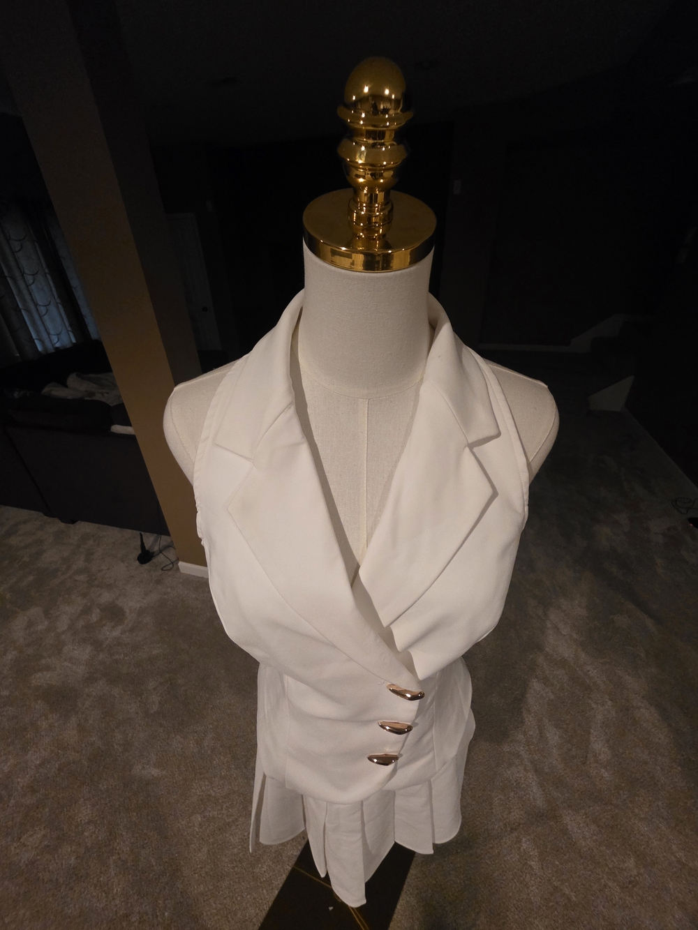 Commense Crisp White Sleeveless Blazer Top And Mini Skirt with Gold Buttons